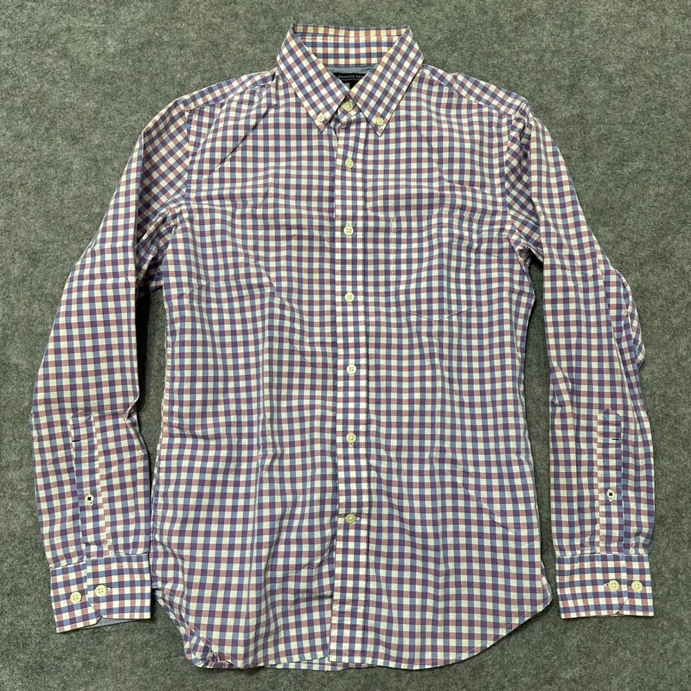 Banana Republic Button Down Shirt Mens Small Purple Gingham Softwash Slim Fit